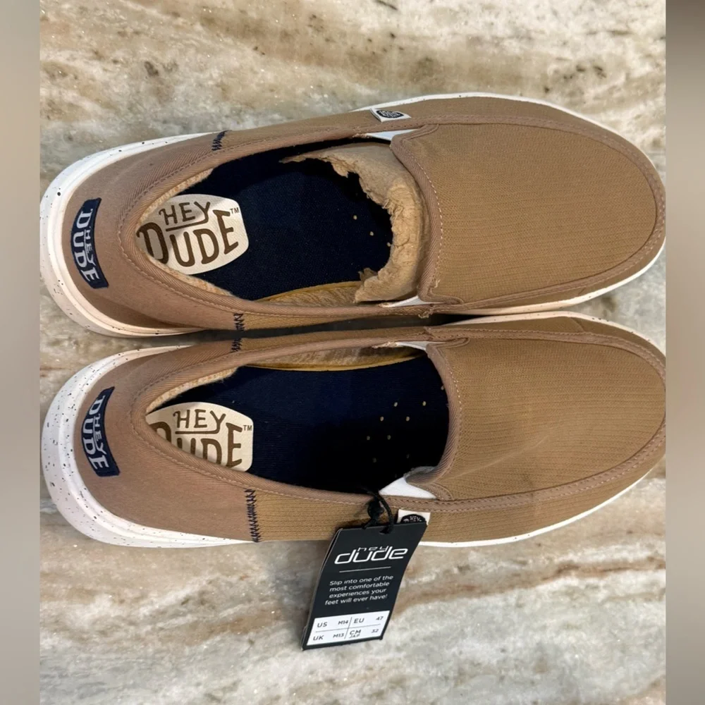 NWT Men HEY DUDE Sunapee Sport mesh canvas slip on tan sneakers- Size 14